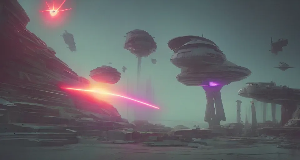 Image similar to GIANT ORBITAL DEATH CANNON, DEATH STAR, Low orbital laser cannon shooting a neon beam down on the landscape, neon laser cannon, cinematic, rendered by Beeple, Makoto Shinkai, syd meade, simon stålenhag, star wars, inspired by Gundam, environment concept, digital art, unreal engine, 3 point perspective, WLOP, trending on artstation, low level, 4K UHD image, octane render,