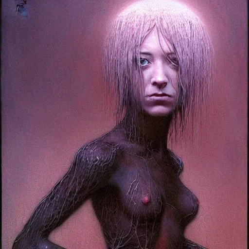 Prompt: 2 0 years old alyson hannigan with short hairs by beksinski, luis royo