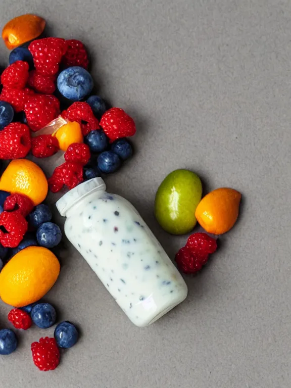 Image similar to miniature diorama of yogurt bottle with fruits