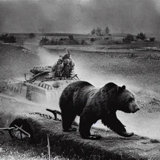 Image similar to a picture of a enormous bear pulling a towed heavy canon behind his back like a chariot, eastern front, historical picture