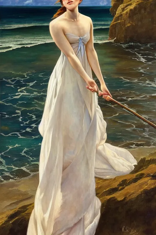 Image similar to a beautiful emma watson wearing a dress emerging from the water, oil on canvas, sensuality, artstation, by j. c. leyendecker and edmund blair leighton and charlie bowater, instagram photo