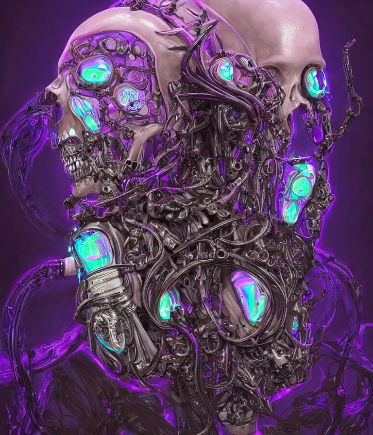 Image similar to fully symmetrical centered iridescent portrait of a beautiful princess of death in robe. skulls artificial muscles, ribcage, bones, hard surface modelling. cyberpunk look. biomechanical mask. bio luminescent biomechanical halo around head. neon jellyfish. artwork by jarold Sng by artgerm, by Eddie Mendoza, by Peter mohrbacher by tooth wu, unreal engine, octane render, cinematic light, high details, iridescent colors, dichroic, macro, depth of field, blur