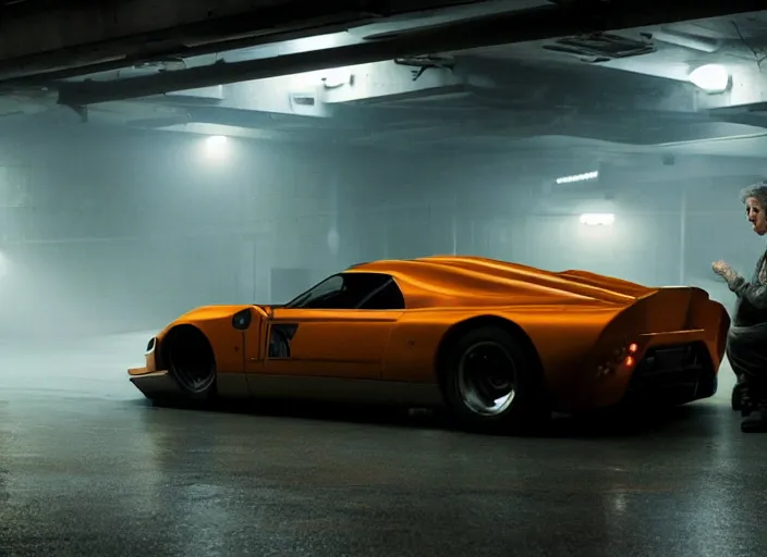 Image similar to Bladerunner 2049 scene of man tuning his sports car in garage dark atmospheric volumetric lighting moody dark cinematic Roger Deakins Cinematography futuristic cyberpunk car GT40 Le Mans GTR R35 Viper RX-8 S14 Lan Evo X ikuo maeda Newton Thomas Sigel