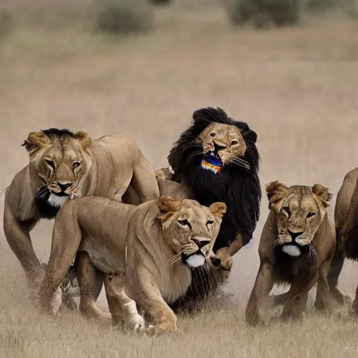 Prompt: a horde of joe bidens chasing after a lion.