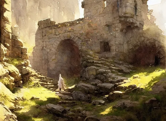 Image similar to watercolor painting of exploring rocky castle ruins, stone walls, very beautiful ambient lighting, sun rays, dust, art by anders zorn, wonderful masterpiece by greg rutkowski, cinematic light, american romanticism by greg manchess, creation by tyler edlin