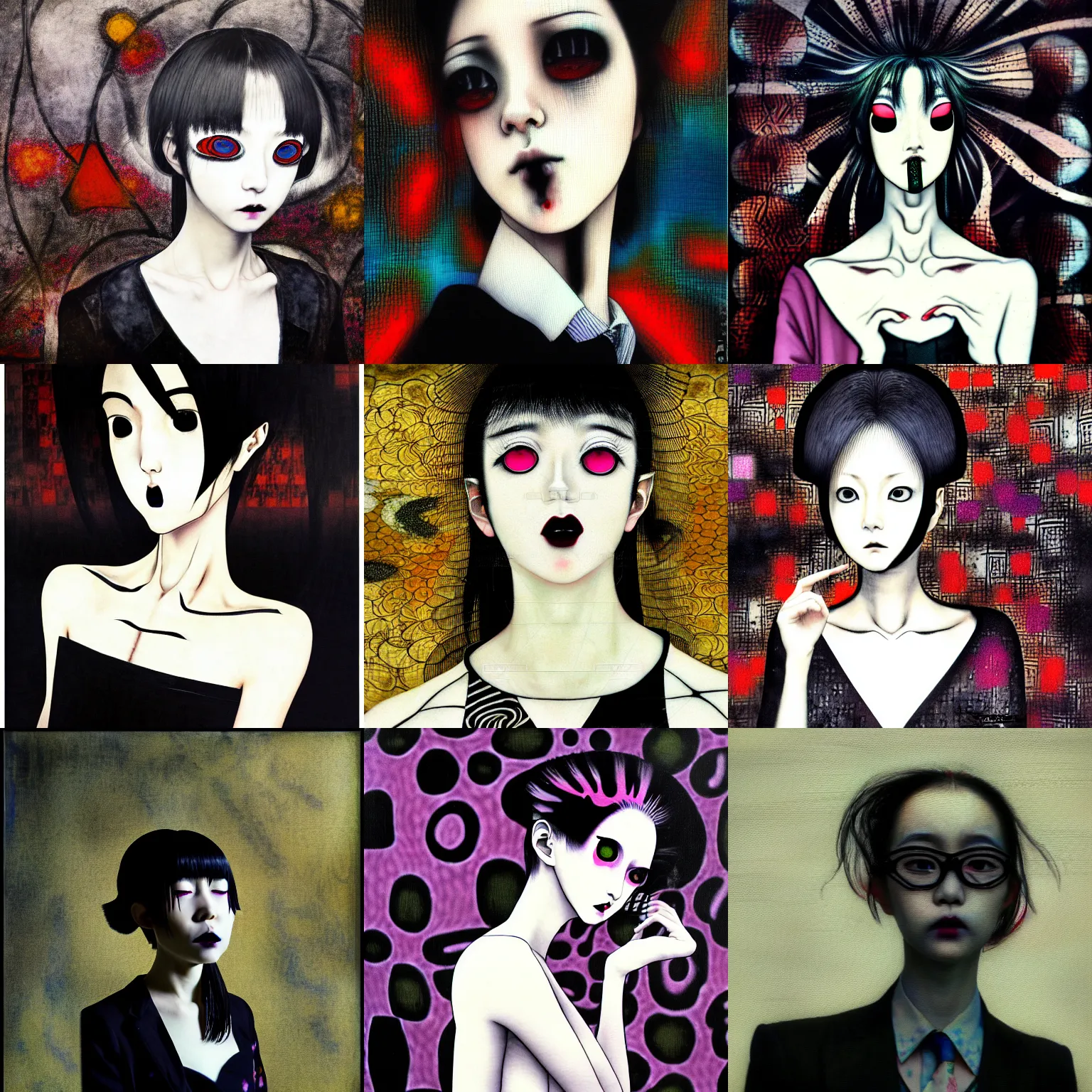 Prompt: yoshitaka amano blurred and dreamy realistic three quarter angle portrait of a young woman with black lipstick and black eyes wearing dress suit with tie, manga face proportions, junji ito abstract patterns in the background, satoshi kon anime, noisy film grain effect, highly detailed, renaissance oil painting, weird portrait angle, blurred lost edges