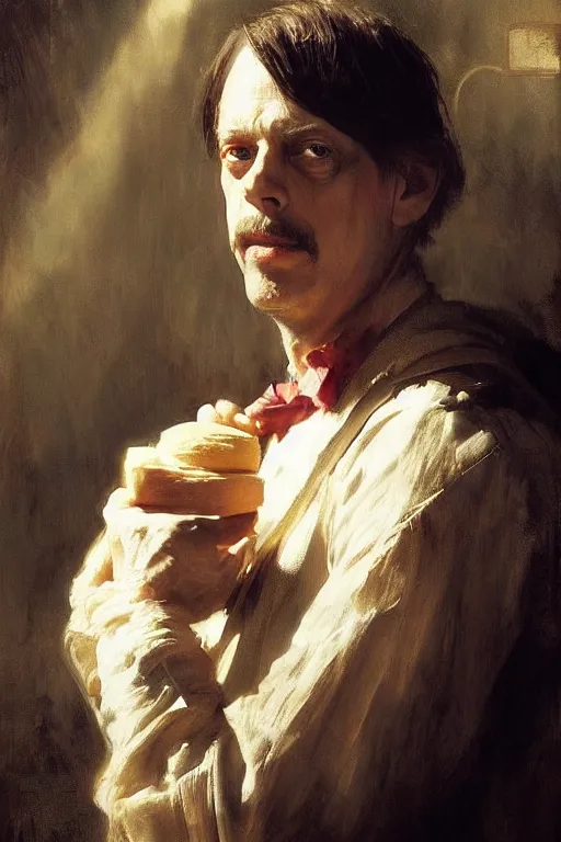 Image similar to beautiful portrait of anthropomorphic loaf of bread steve buscemi, art by anders zorn, wonderful masterpiece by greg rutkowski, beautiful cinematic light, american romanticism thomas lawrence, greg rutkowski