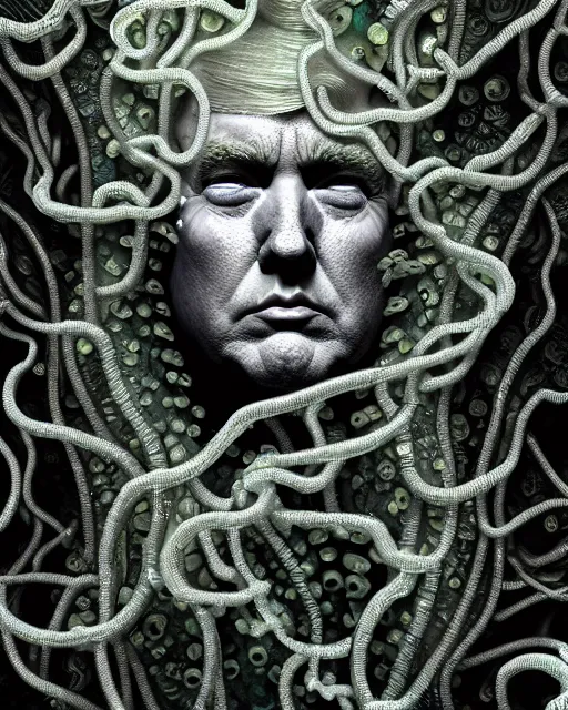 Prompt: surreal mythical dreamy underwater artistic bw photo of donald trump - medusa - cyborg covered with fish scales and algae, highly detailed, intricate crystal ivy jelly fish scales ornate, poetic, octane render, 8 k, photo - realistic, in the style of gustave dore and preraphaelites