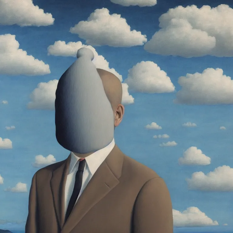 Prompt: portrait of a faceless reflective water - head man in a suit, clouds in the background, by rene magritte, detailed painting, distance, middle centered, hd, hq, high resolution, high detail, 4 k, 8 k