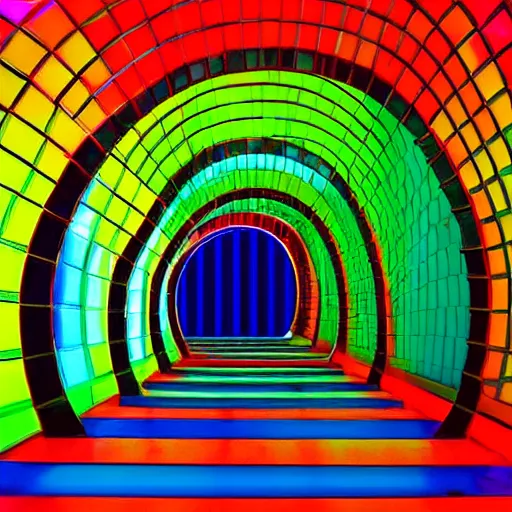 Image similar to dreampool rooms, neon ceramic tiles, spiraling stairs, blue sunlight coming through columns of neon tile