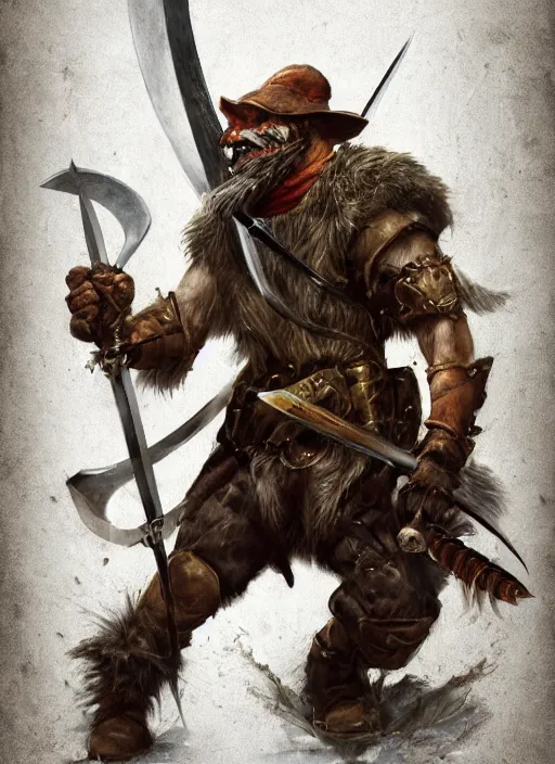 Image similar to photorealistic bugbear ranger holding sword on fire, magic, black beard, dungeons and dragons, pathfinder, roleplaying game art, hunters gear, jeweled ornate leather and steel armour, concept art, character design on white background, by sargent, norman rockwell, makoto shinkai, kim jung giu, artstation trending, poster art, colours red