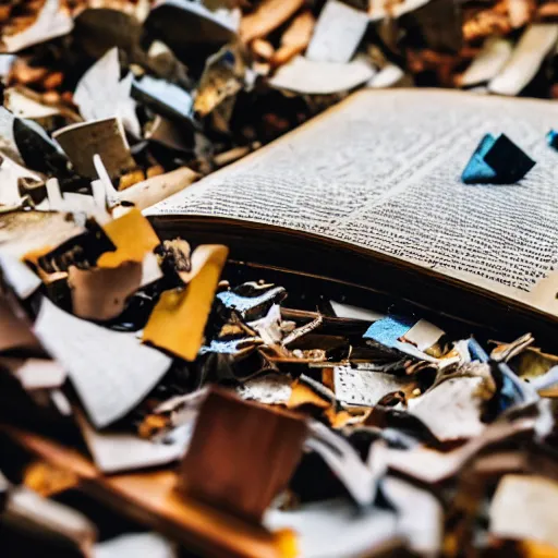 Prompt: book ripped up by a chainsaw, pieces flying everywhere, close up, dslr photo