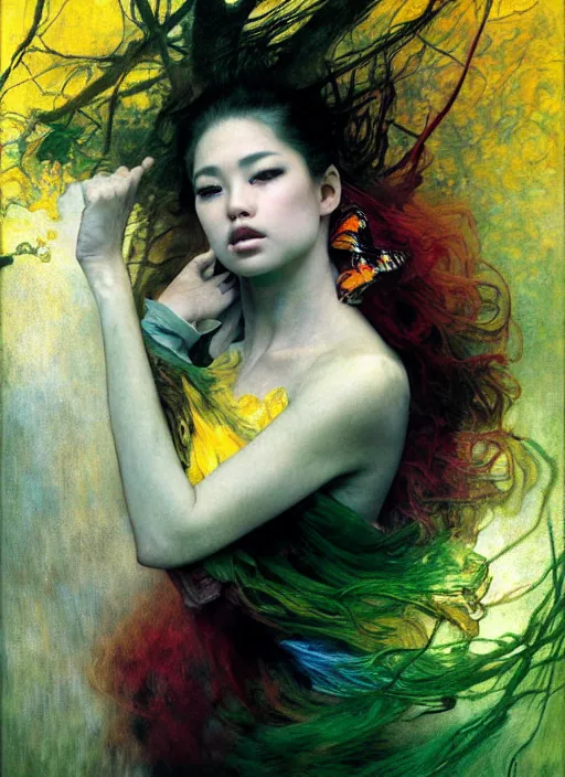 Prompt: blinded by despair and wrath from betrayal a beautiful terrifying jennie blackpink portrait black eyes smoke twisted trees cherry blossom, floating cloth whirlpool, butterfly hard lighting ethereal horror fantasy artwhite, green, yellow blue hues by jean honore fragonard, karol bak, gaston bussiere craig mullins alphonse mucha basil gogos, monet, ruan jia