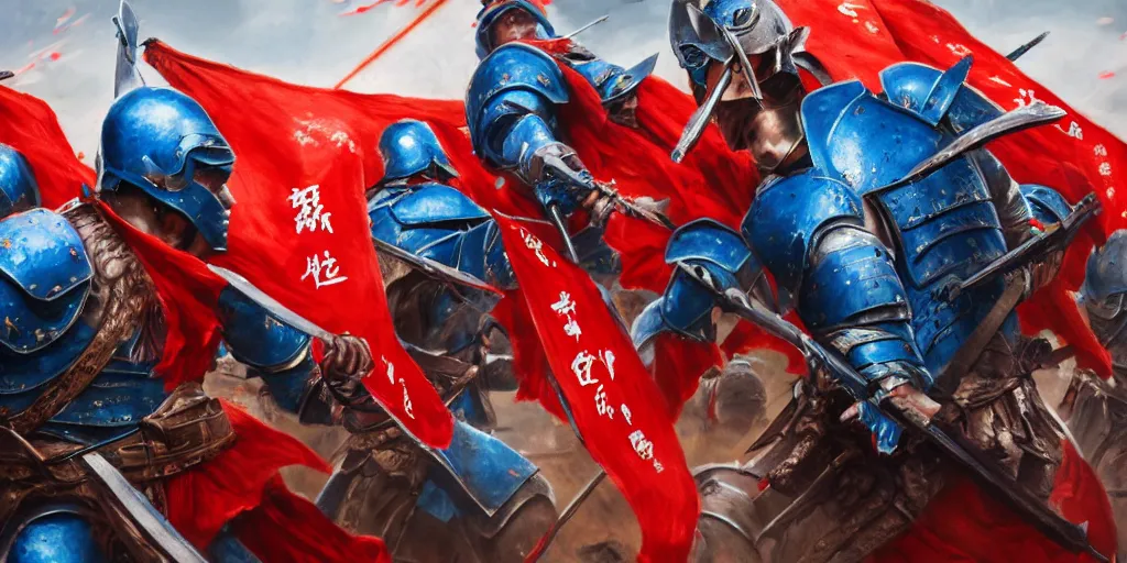 Image similar to mid action shot cinematic artwork of an army of warriors in blue armor fighting an ancient Chinese army wearing red armor and holding red flags on the battlefield by greg rutowski, masterpiece, 4k
