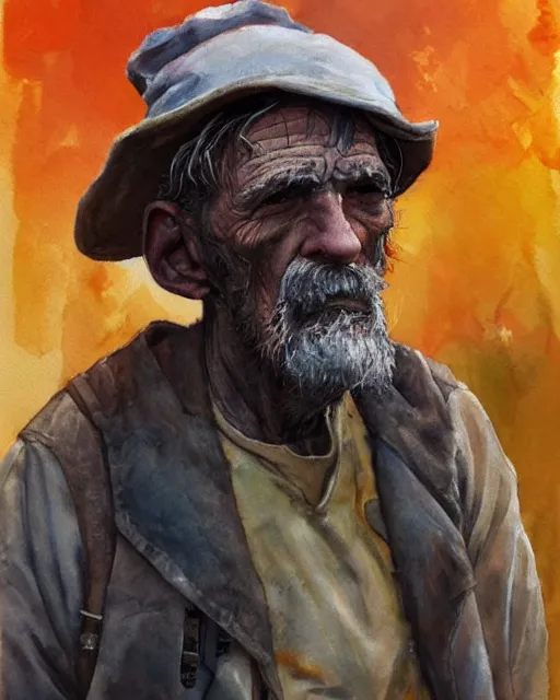 Image similar to a oil / watercolor painting full body character portrait of an old homeless soldier fighting to defend his family in the style of moebius in the style of leonard boyarsky trending on artstation deviantart pinterest detailed photorealistic highlights and shadow hd 8 k post - processing high resolution