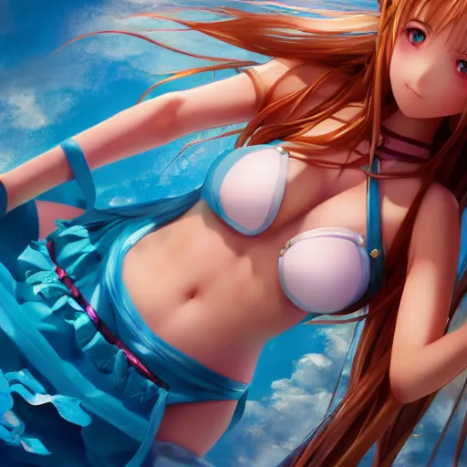 Image similar to seen from above : a giant macro very beautiful young yuuki asuna, full body, long wavy hair, sky blue eyes, full round face, bikini, miniskirt, laying on a miniature crowd, cinematic wallpaper by stanley artgerm lau