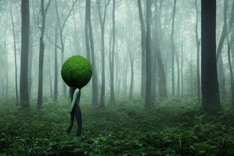 Image similar to a complex organic fractal 3 d ceramic humanoid floating in a lush forest, foggy, cinematic shot, photo still from movie by denis villeneuve