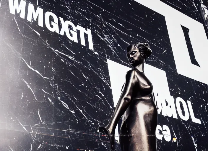 Image similar to night time photo of billboard advertisement of extremely beautiful female black marble statue in the style of virgil abloh, colorful motocross logos behind her, sharp focus, clear, detailed,, cinematic, detailed, off white, glamourous, symmetrical, vogue, editorial, fashion, magazine shoot, glossy