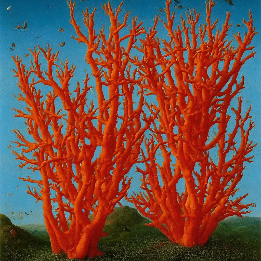 Image similar to a single! colorful! ( coral ) fungus tower clear empty sky, a high contrast!! ultradetailed photorealistic painting by jan van eyck, audubon, rene magritte, agnes pelton, max ernst, walton ford, andreas achenbach, ernst haeckel, hard lighting, masterpiece