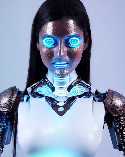 Prompt: 3 / 4 portrait photo of sensual indian girl as a cyberpunk mecha humanoid robotic head shoulder parts with straight bright led lights, inside white room, ultra - realistic and detailed, 8 k