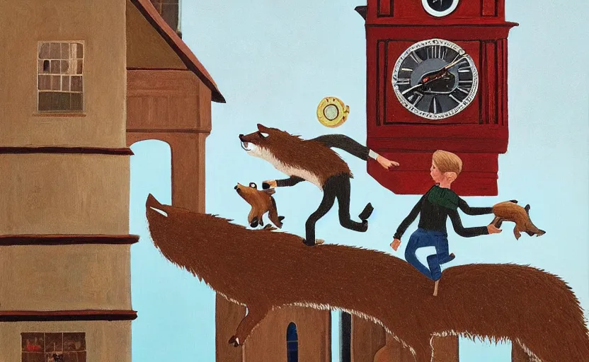 Image similar to a boy fighting a wolf on the edge of a clocktower, by oliver jeffers, gouche, print