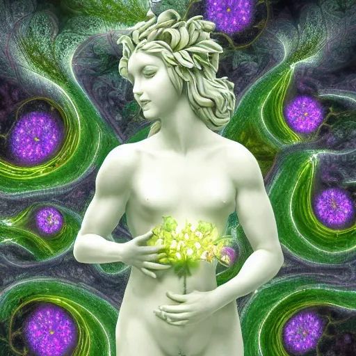 Image similar to glowing delicate flower and mushrooms that grow in a dark fatansy forest on the planet Pandora, an idealistic marble statue with fractal flowery hair in a fractal garden, symmetrical,