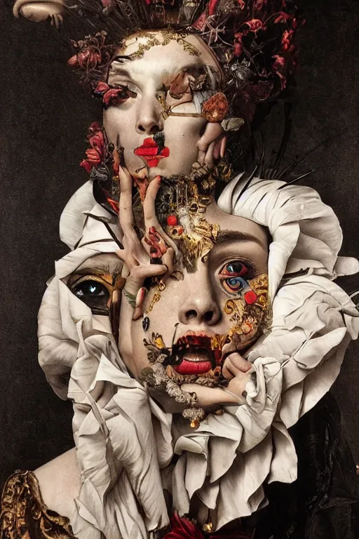 Image similar to Detailed maximalist portrait with large lips and with large white eyes, angry expression, HD mixed media, 3D collage, highly detailed and intricate surrealism, illustration in the style of Caravaggio, dark art, baroque