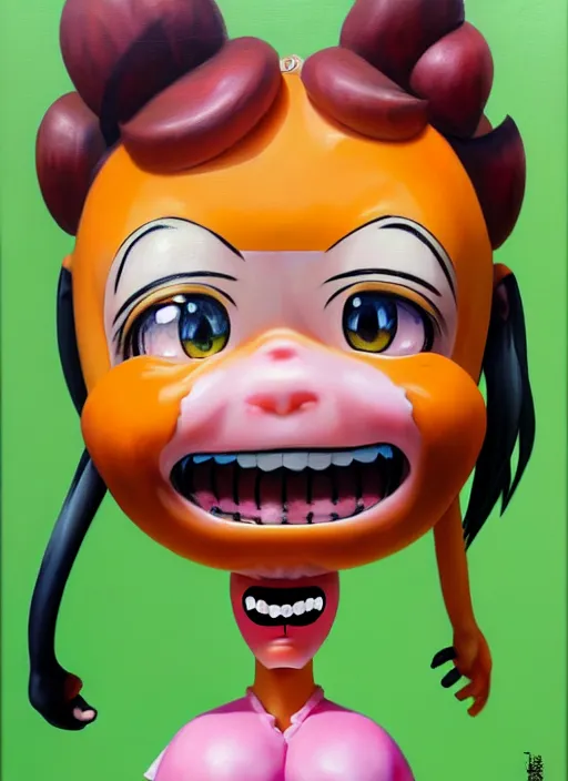 Image similar to a hyperrealistic oil painting of a kawaii anime girl figurine caricature with a big dumb grin featured on nickelodeon by dave mckean in the style of madballs