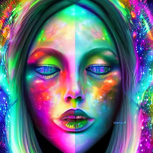 Image similar to Psychadelic picture of a womans face expanding her consciousness into the universe, digital art, high resolution