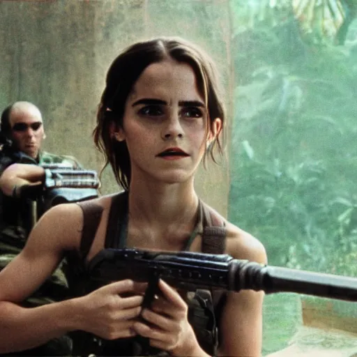 Image similar to film still, extreme far view, emma watson vietnam door gunner, film still from apocalypse now ( 1 9 7 9 ), 2 6 mm, kodak ektachrome, blue tint expired film,