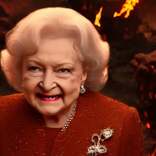 Prompt: stunning awe inspiring betty white the queen of hell surounded by fire, lava and demons, movie still 8 k hdr atmospheric lighting