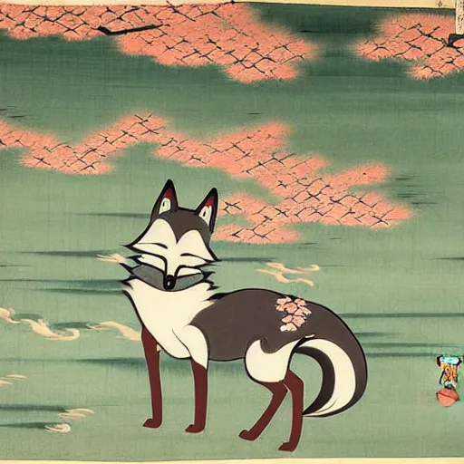 Image similar to samurai fox with a katana. sakura forest in the background. old japanese painting. fresco