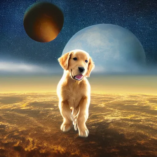 Image similar to photorealistic photograph of a golden retriever puppy in a spacesuit floating through the cosmos, realism, 4k