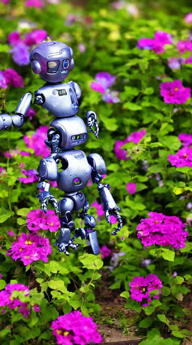 Image similar to toy robot in a garden, hyper detailed, sharp focus, bokeh, unreal engine, ray tracing, cute, fantasy, sci fi, purple flowers, tiny, small, hyper realistic