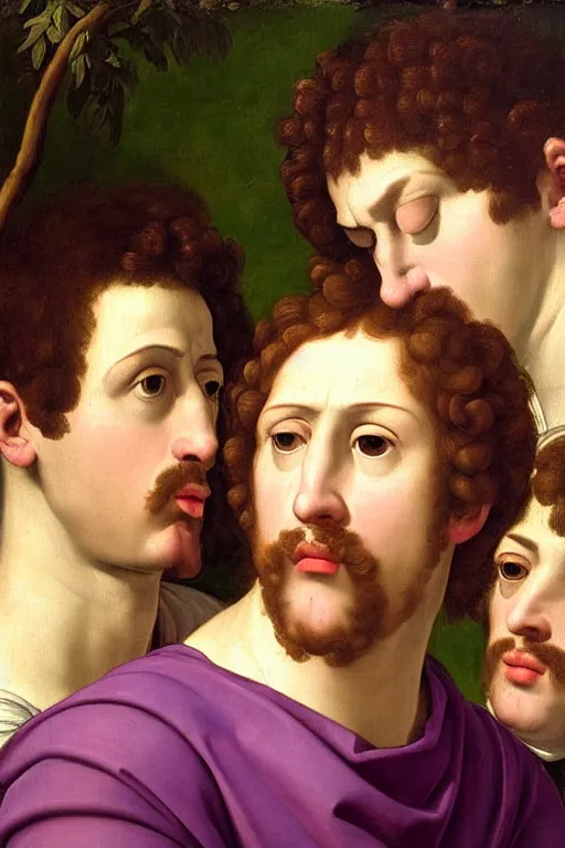 Image similar to renaissance painting of men, portrait, gossip face closeup, emotions closeup, dressed in roman clothes, the beautiful garden with lavender bush everywhere, ultra detailed, art by guido reni style, vincenzo catena style