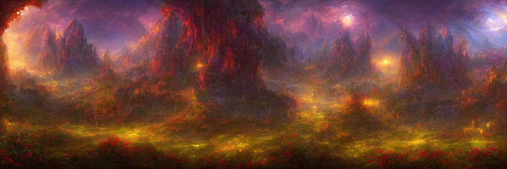 Image similar to a beautiful fantasy enchanted night landscape painting of a magical panorama visionary art by gilbert williams and john avon and marc simonetti and Mark Keathley, trending on artstation hq 8k