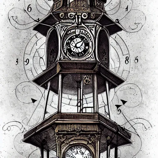 Prompt: a clock tower steampunk, ink, tattoo sketch, digital art