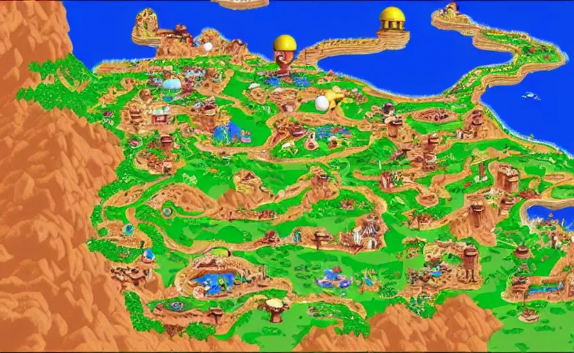 Image similar to super mario world map photorealistic