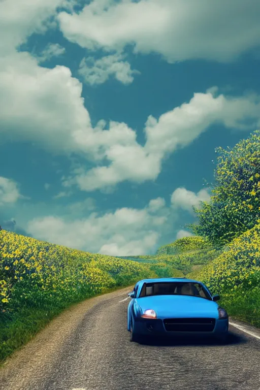 Image similar to a blue car is driving on a small road in the wild with small yellow flowers on both sides of the road, the weather is sunny, white clouds are blooming, movie texture, 8 k, hyper - realistic