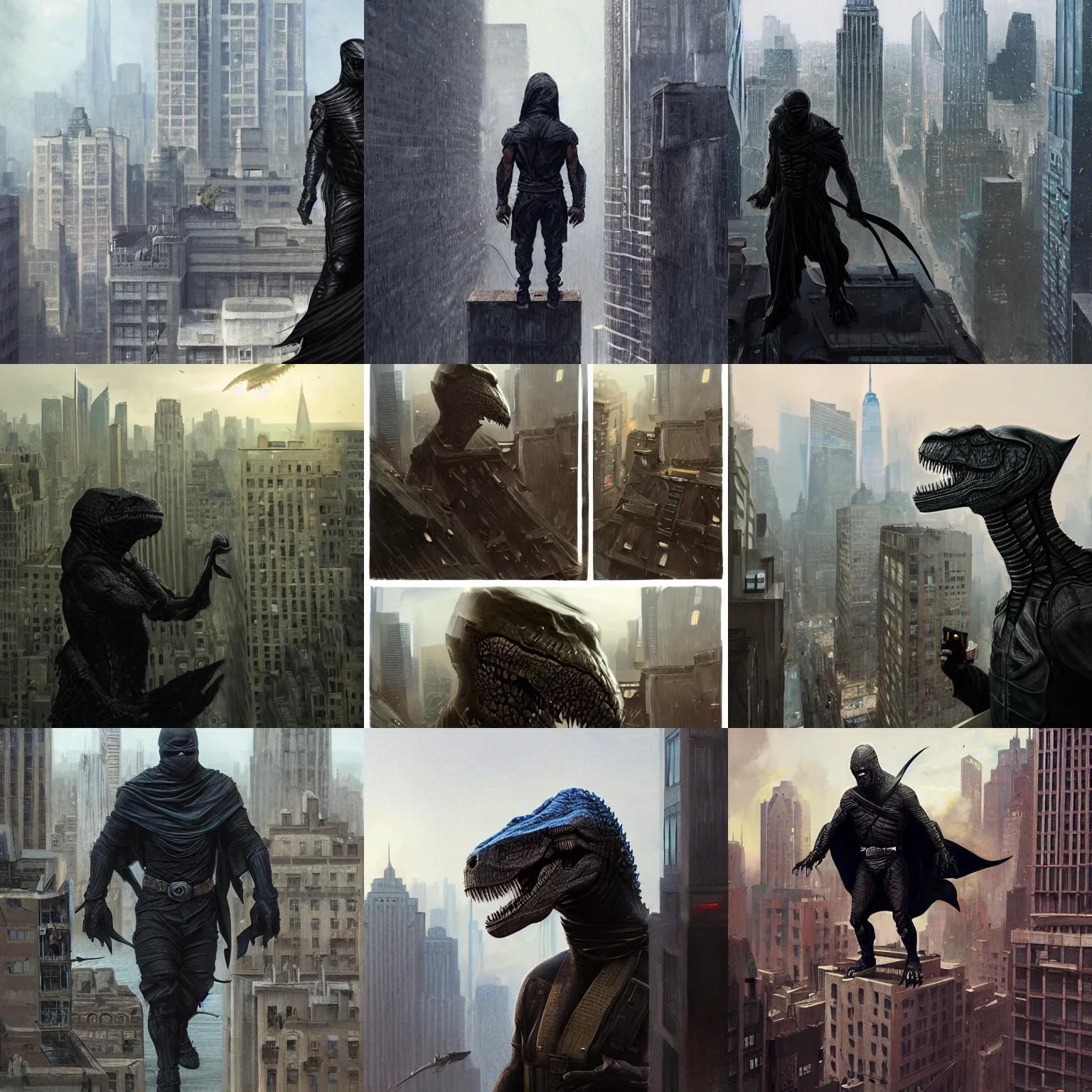 Prompt: Human with T-rex head is dressed in black ninja cloths and is standing on a top of building in New York watching over the city, D&D, fantasy, highly detailed, digital painting, trending on artstation, concept art, sharp focus, illustration, art by greg rutkowski and magali villeneuve