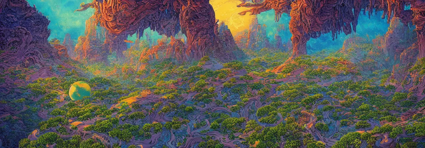 Image similar to beautiful landscape mural of an alien planet, lush landscape, vivid colors, intricate, highly detailed, masterful, fantasy world, in the style of moebius