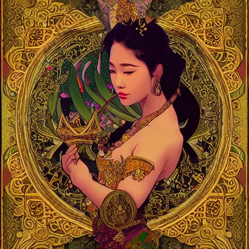 Image similar to beautiful bali princess by kittichai rueangchaichan, floralpunk, Artstation, art nouveau aesthetic, Alphonse Mucha background, intricate details, photo realistic, dramatic