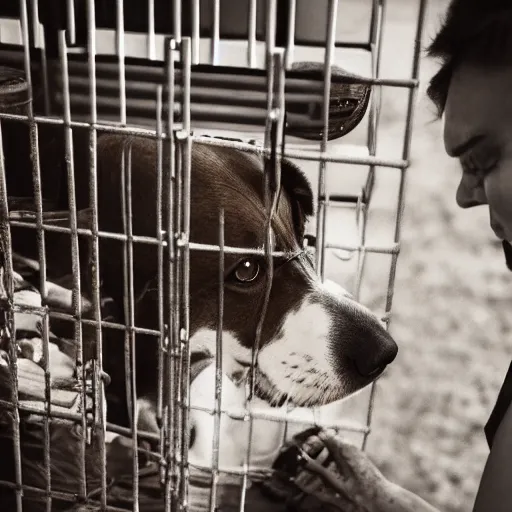 Prompt: dog giving food to a caged human, an ultra high definition professional studio quality photograph, 4 k, trending on artstation.