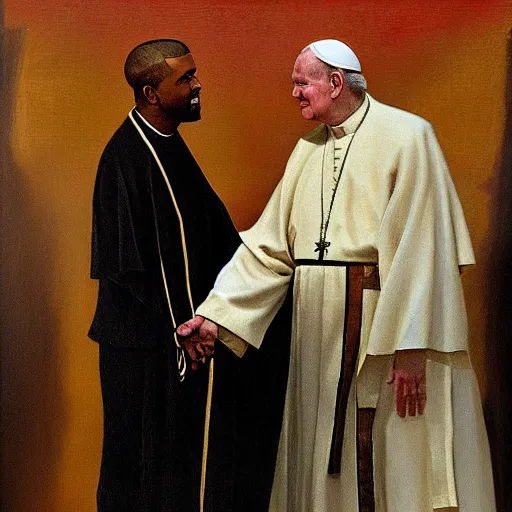 Image similar to a religious painting of john paul ii shaking hands with kanye west