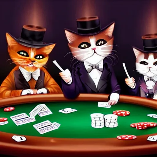 Prompt: cat mafia playing poker in a casino, dringing whiskey and smoking cigars