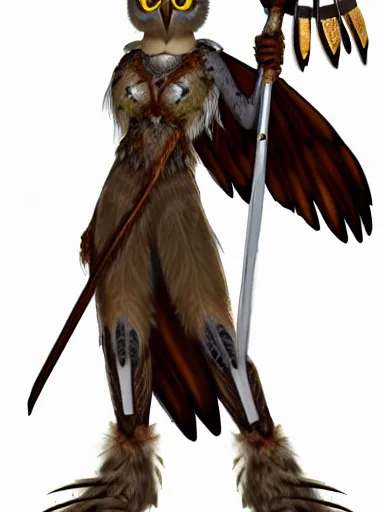 Prompt: female owlkin!! female birdfolk!!! anthro!!!!!! avian, bird, owl!!! roman armor, Lorica segmentata! subject holding gladius!