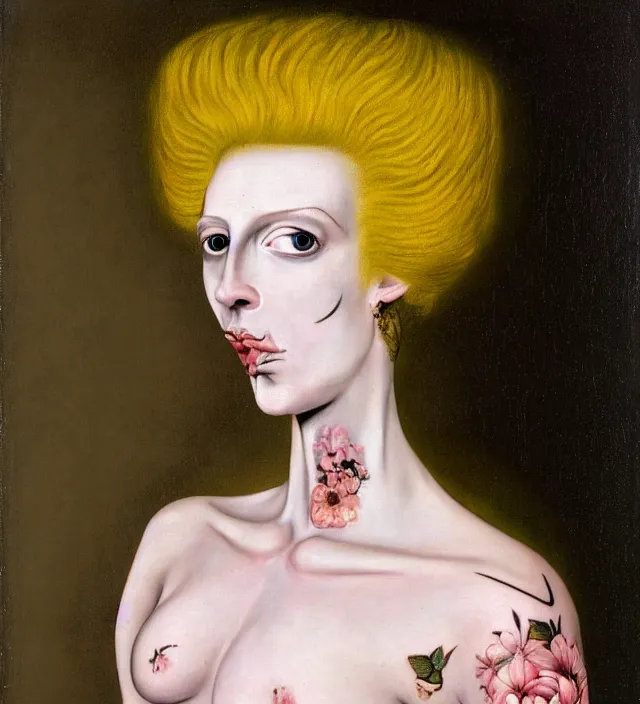 Image similar to baroque portrait of a blonde princess of porceline skin, full body floral tattoos, by francis bacon