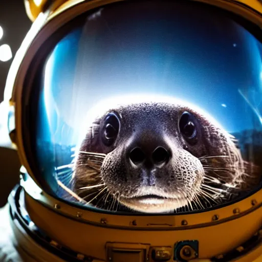 Prompt: close-up of an astronaut space helmet with an otter's face visible inside, dramatic lighting, realistic reflections