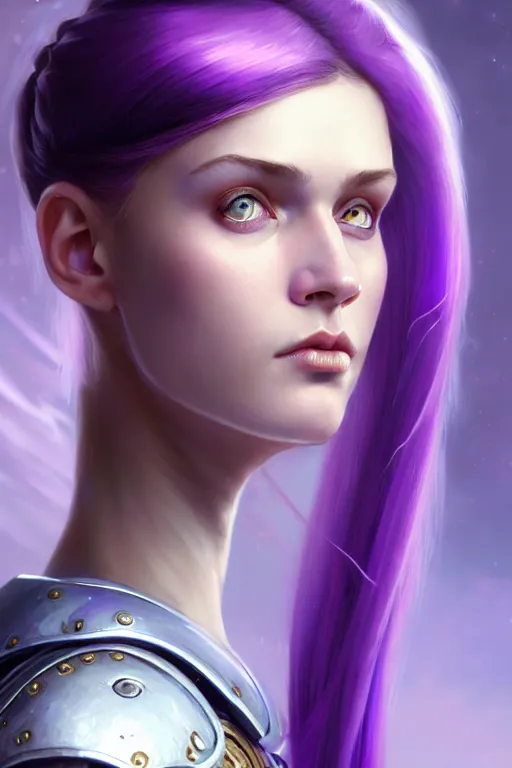 Image similar to alexey gurylev, close up portrait, young pale woman in sci - fi armor with purple ponytail hair, stoic, focused, powerful, d & d, fantasy, complex, elegant, highly detailed, digital painting, artstation, concept art, matte, clear focus, illustration, hearthstone, artgerm art, greg rutkovsky and alphonse mucha