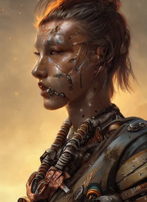 Image similar to hyper realistic photography portrait of postapocalyptic cyberpunk asian cyborg tribal warrior amazon cinematic, brom, mucha, moebius juan gimenez artstation, cgsociety